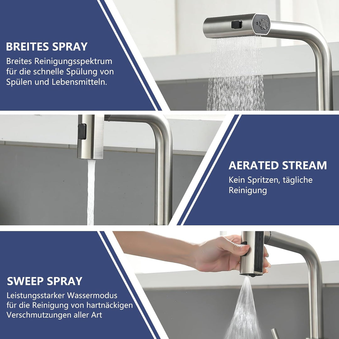 AIMADI Küchenarmatur ausziehbar,Wasserhahn Küche mit 3-Wege-Duschbrause & 38cm Schlauch, Einhebelmis