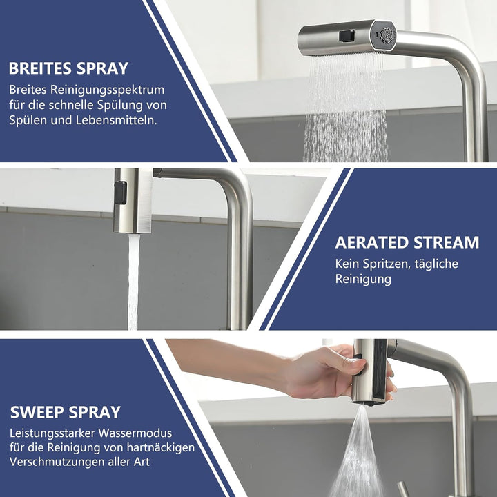 AIMADI Küchenarmatur ausziehbar,Wasserhahn Küche mit 3-Wege-Duschbrause & 38cm Schlauch, Einhebelmis