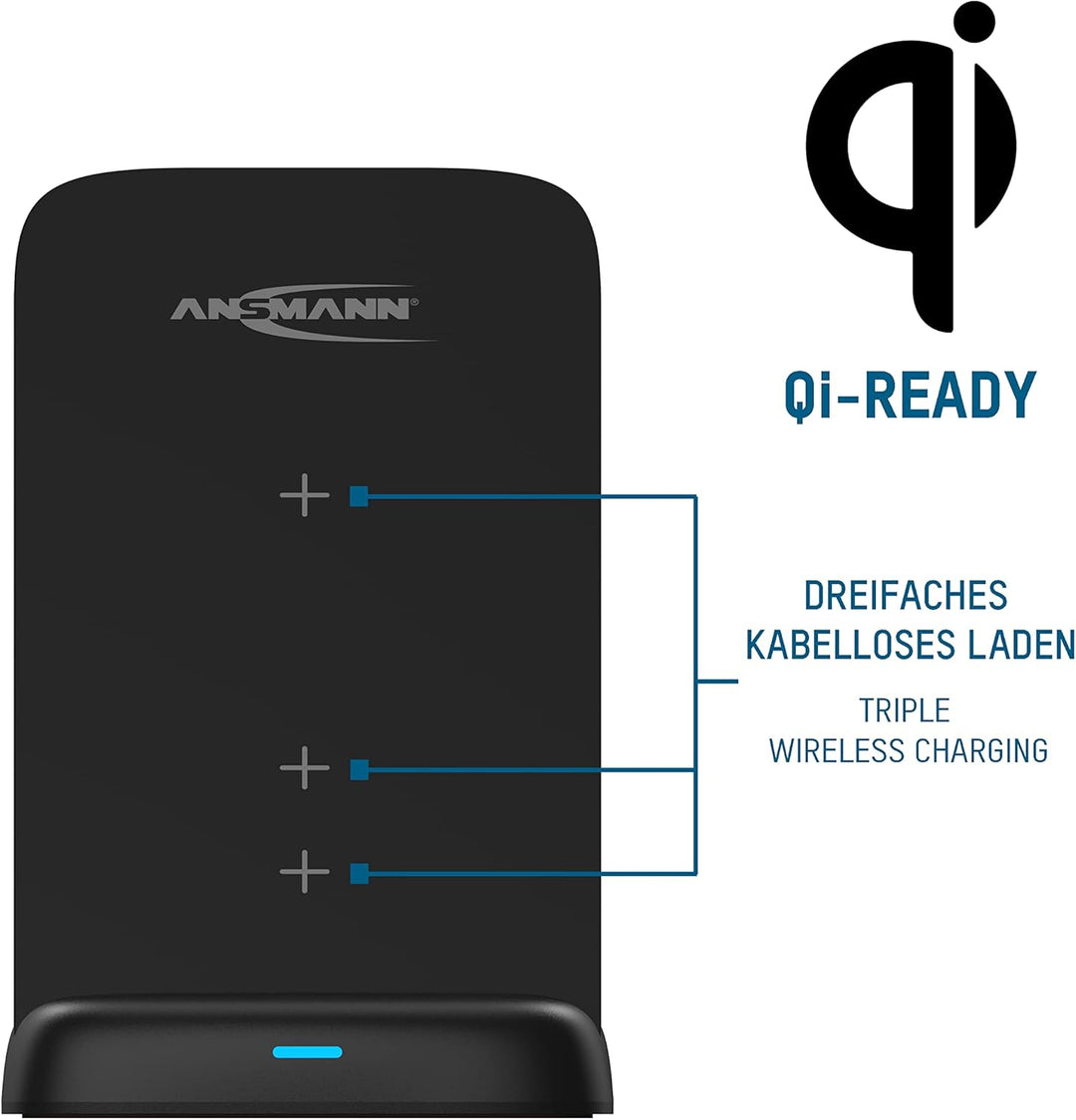 ANSMANN kabelloses Ladegerät 15W Qi-zertifizierter Wireless Charger, 3-Spulen Ladestation (vertikal,