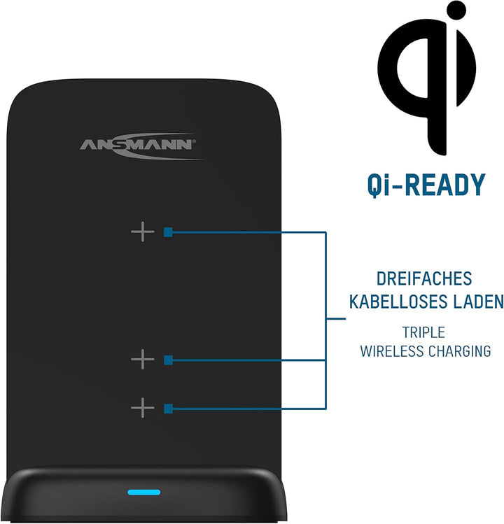 ANSMANN kabelloses Ladegerät 15W Qi-zertifizierter Wireless Charger, 3-Spulen Ladestation (vertikal,