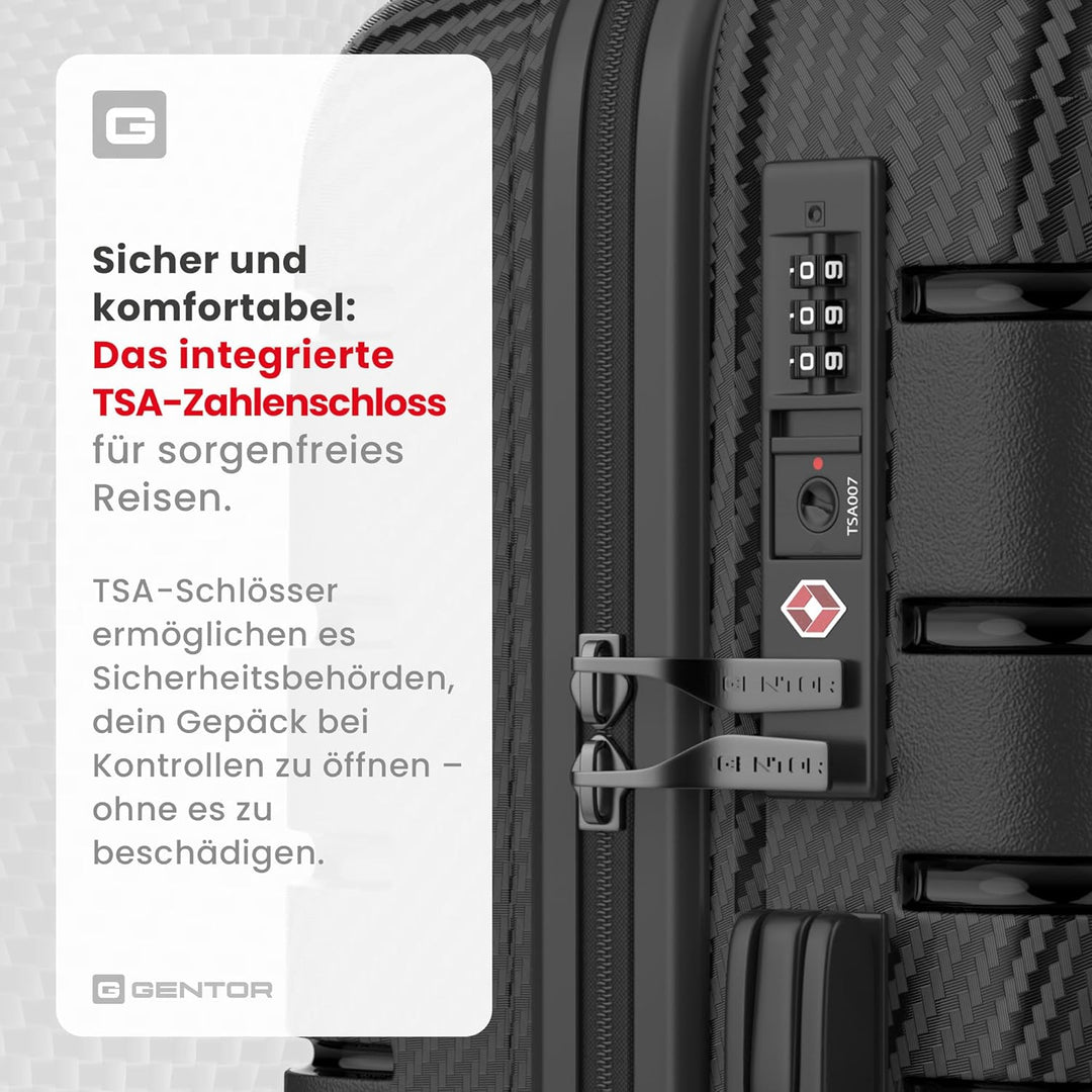 GENTOR Koffer Reisekoffer mit Rollen Carbonoptik Hartschalenkoffer Trolley Handgepäck mit TSA-Schlos
