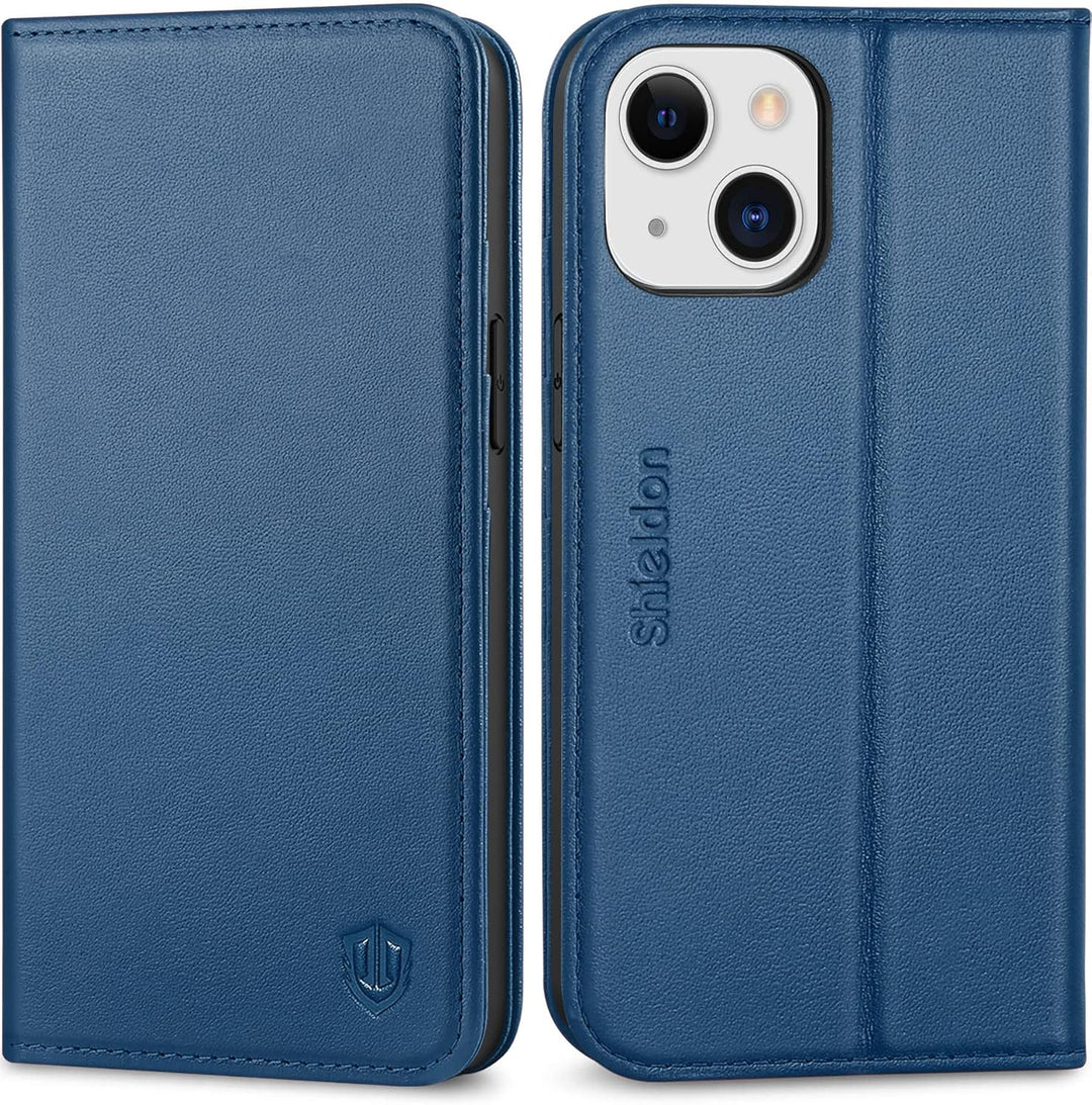 SHIELDON Hülle für iPhone 13 Mini, RFID-Sperre Handyhülle [Echtleder] [Stossfest ] [Standfunktion] [