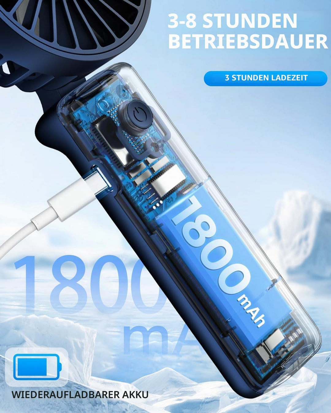 Tragbarer Handventilator, Mini-Schreibtischventilator, faltbar, 2000 mAh, 180 ° Ratotion, 3 Geschwin