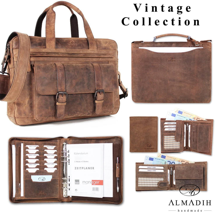 ALMADIH Leder A5 Schreibmappe mit Schreibblock Premium Rindsleder Hell-braun Deluxe Ledermappe Mappe