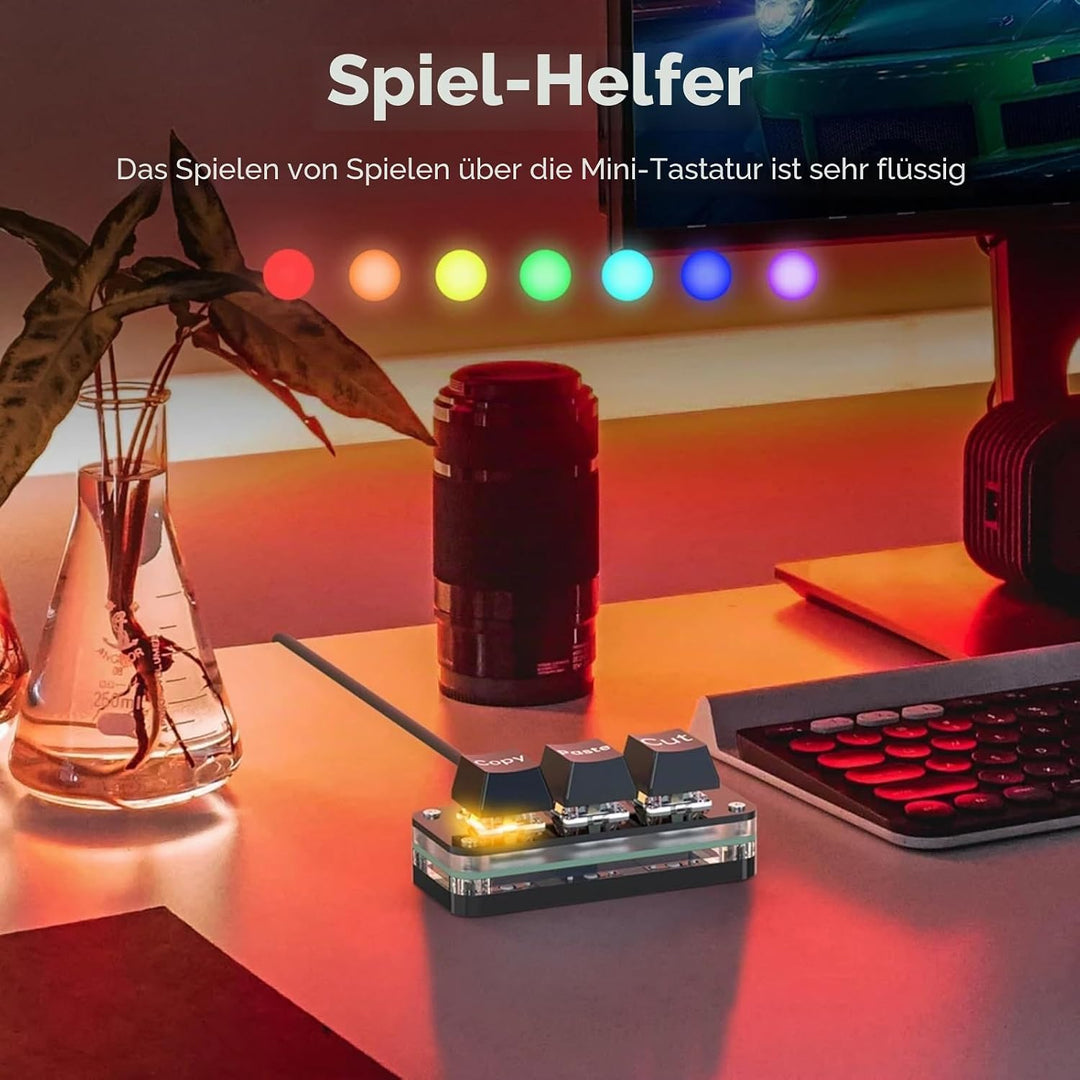 3 Tasten Mini Tastatur - Copy Paste Cut - Mechanische RGB Gaming Tastatur, Programmierbar, Makro, Be