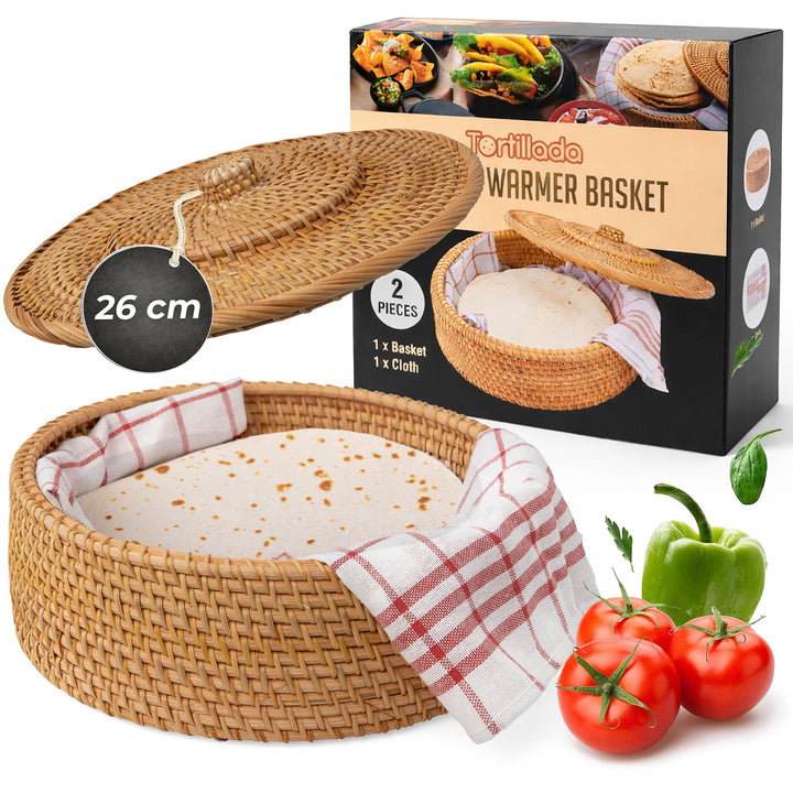 Tortillada - 26 cm Tortilla Wärmer/Tortilla Wärmer Korb Handgemacht aus Rattan inkl. Geschirrtuch au
