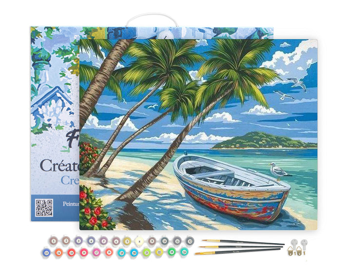 Figured'Art Malen Nach Zahlen Erwachsene Mit Rahmen Boot unter den Palmen - Paint by Numbers Basteln