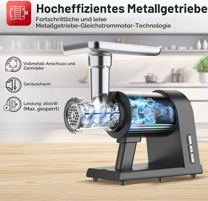 TurboTronic Elektrischer Fleischwolf Samurai – 2600W beste Maschine mit Spritzgepäckvorsatz Metallge