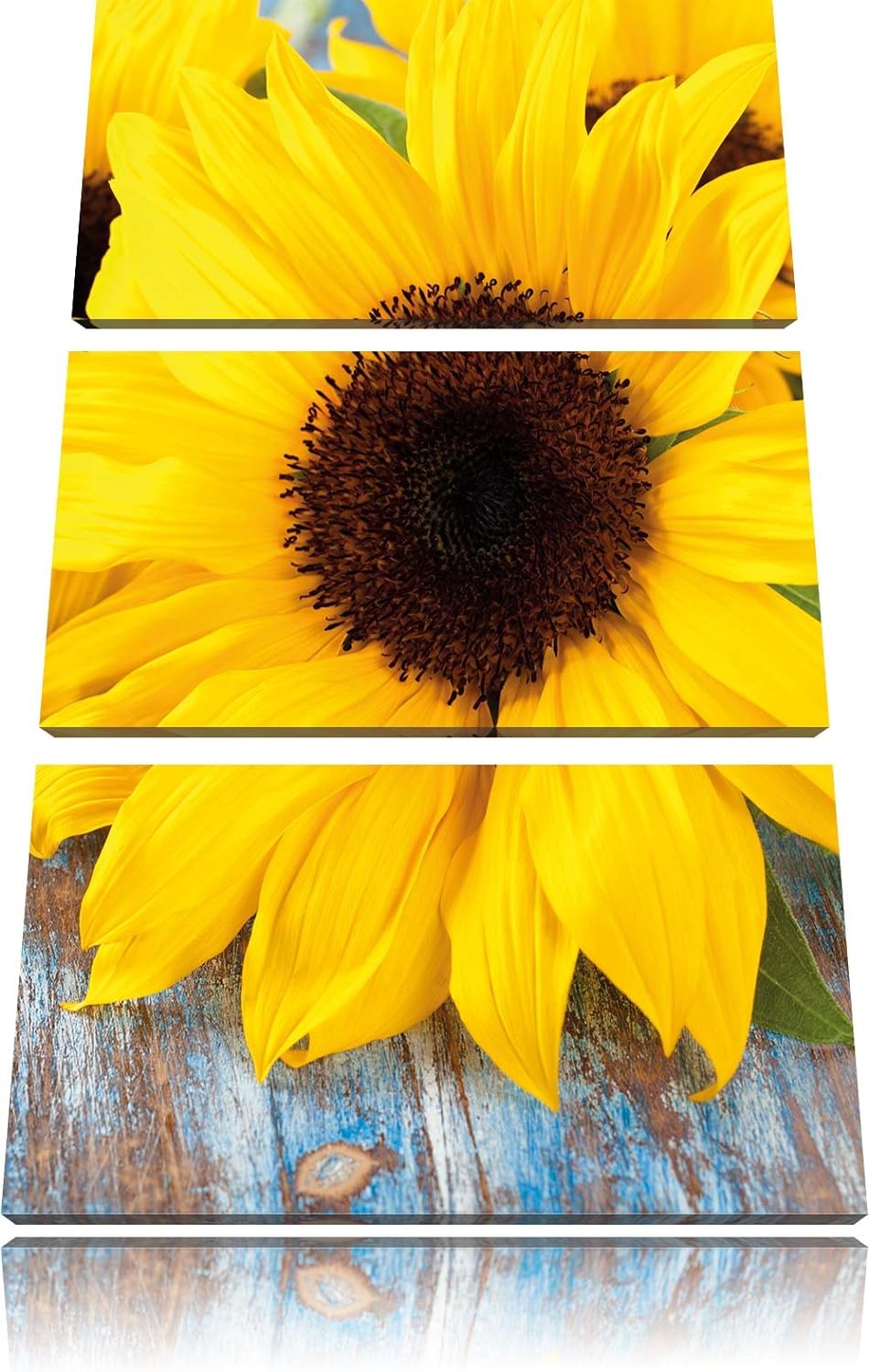 Pixxprint Sonnenblumen auf Holztisch als Leinwandbild/Grösse: 3 Teilig (120x80) / Wandbild/Kunstdruc