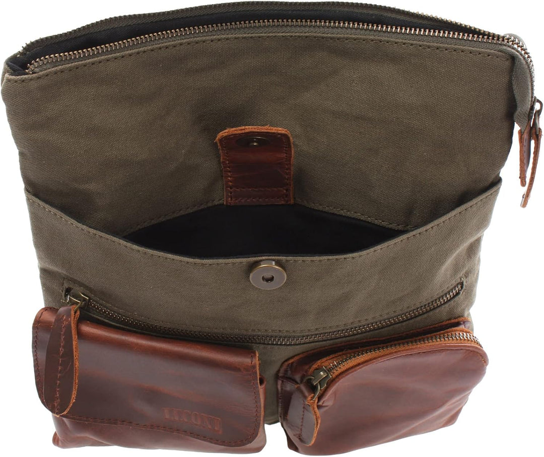LECONI Umhängetasche Canvas &amp; Leder kleine Schultertasche Handtasche Damen + Herren Vintage Retro St