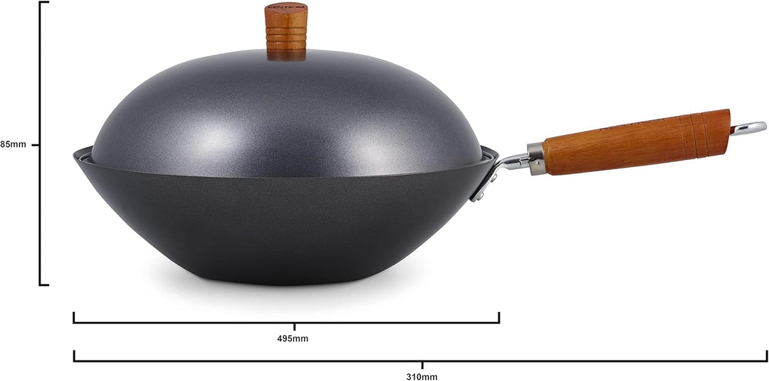 Ken Hom KH331051 Carbonstahl Wokpfanne Set, 31cm, Classic, Nicht-Induktion/Holzgriff/Pfanne mit Flac