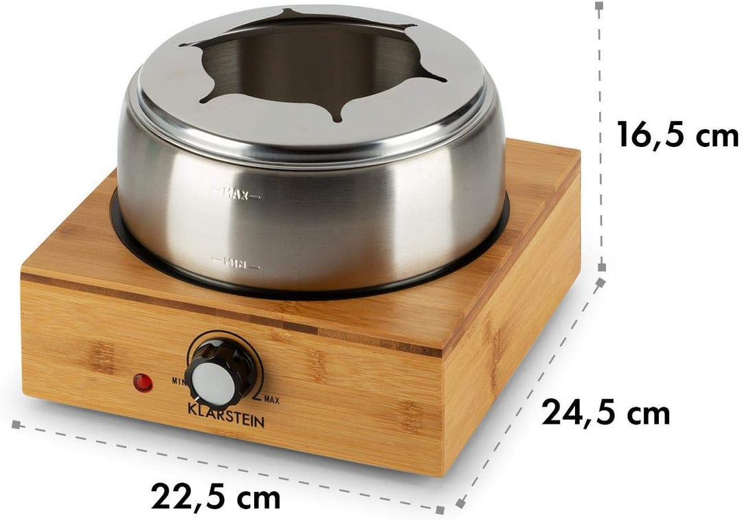 Klarstein Bambus Fondue, 800 Watt, Edelstahl-Topf, Gerätebasis aus Bambus, Füllmenge 1,3 Liter max.,
