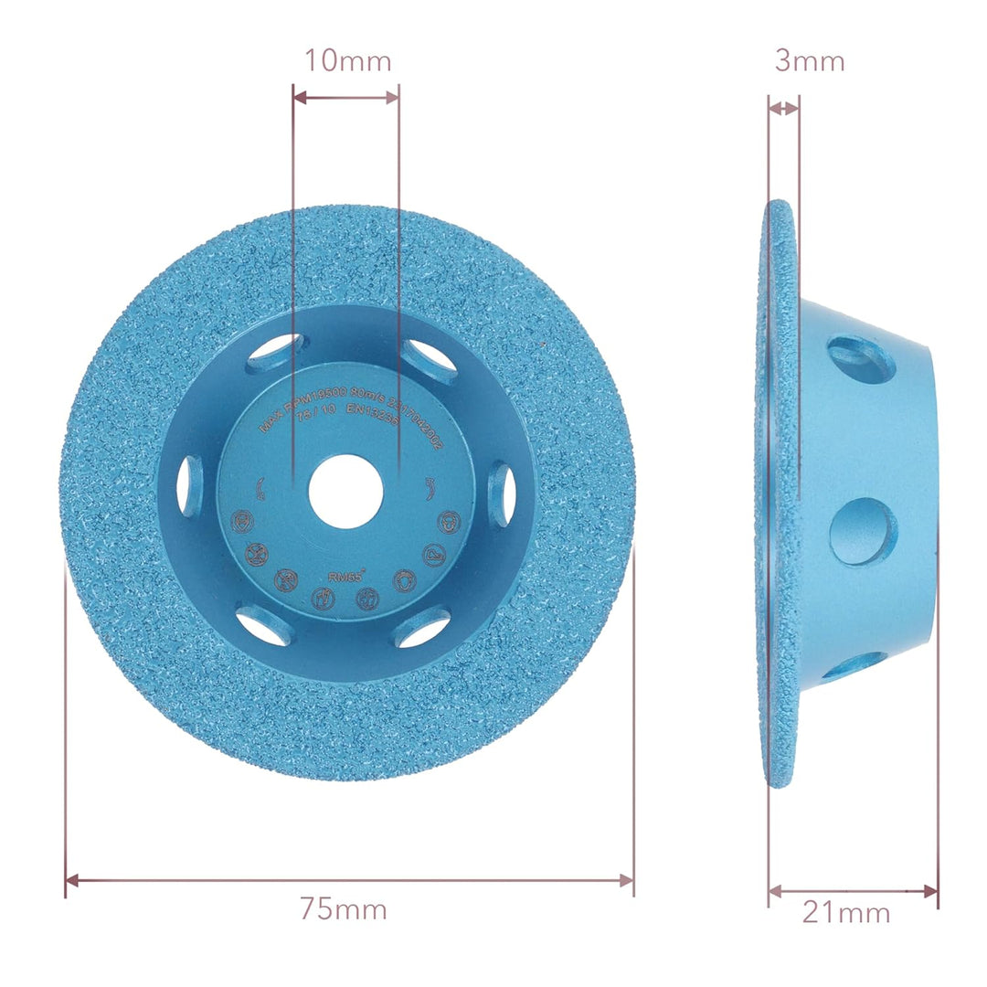 PRODIAMANT Diamant universal Schleiftopf 75mm Aufnahme 10mm für 12 V Akku Winkelschleifer mit Vacuum