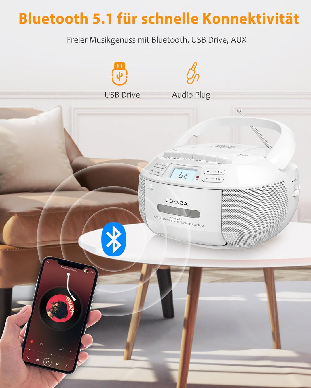 Greadio Boombox CD Player Tragbar, Kassettenspieler mit Bluetooth, FM Radio mit Fernbedienung, AUX-/