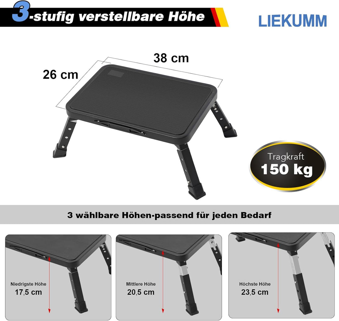 LIEKUMM 3-stufiger Tritthocker Klappbar, 150 kg Tragkraft Hocker Höhenverstellbar, Klapphocker mit R