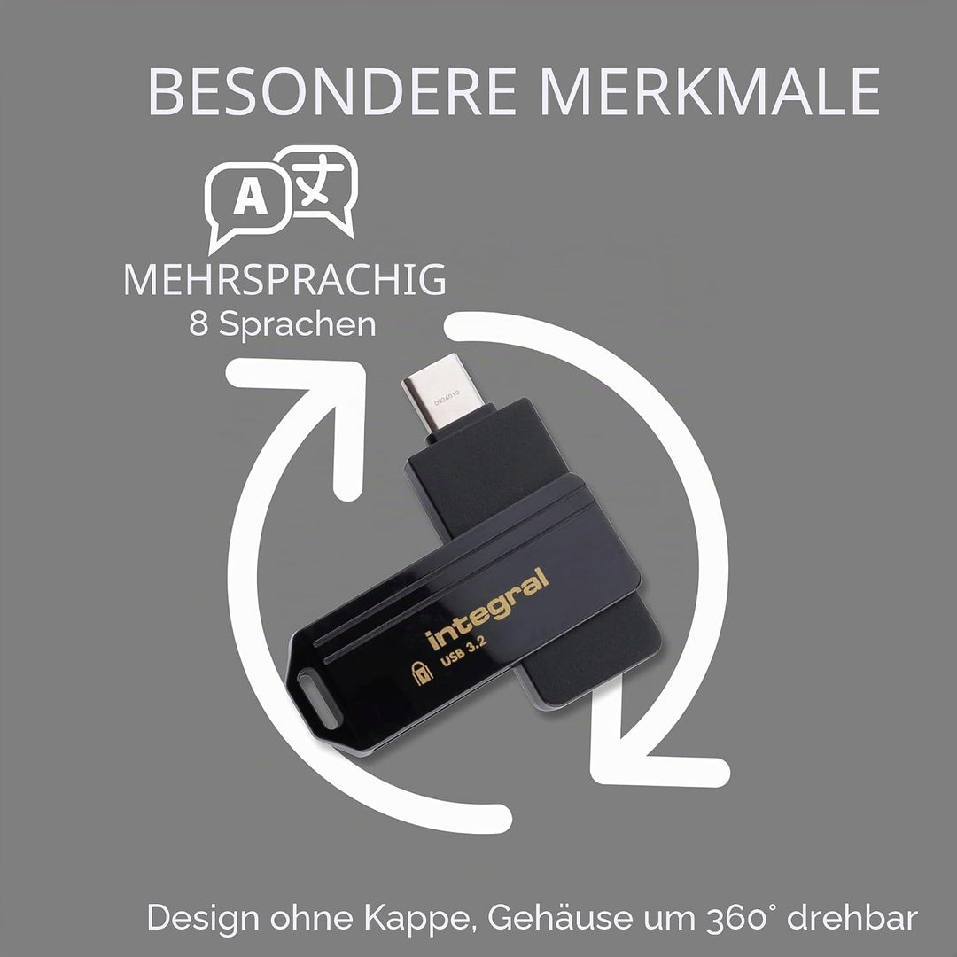 Integral Secure 360-C 64 GB Software-verschlüsselter USB-Flash-Laufwerk – USB-C-Anschluss – 256-Bit-