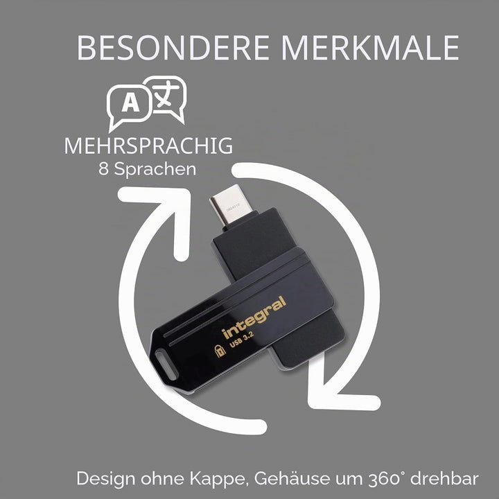 Integral Secure 360-C 64 GB Software-verschlüsselter USB-Flash-Laufwerk – USB-C-Anschluss – 256-Bit-