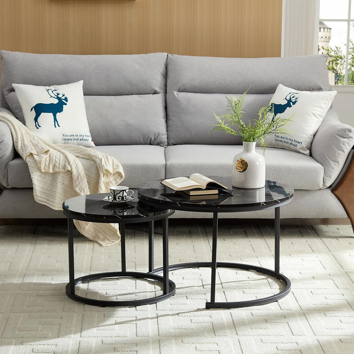 Home Heaven® Couchtisch Rund Schwarz Marmor 2er Set – Runder Wohnzimmertische in Marmor Optik Ø70cm
