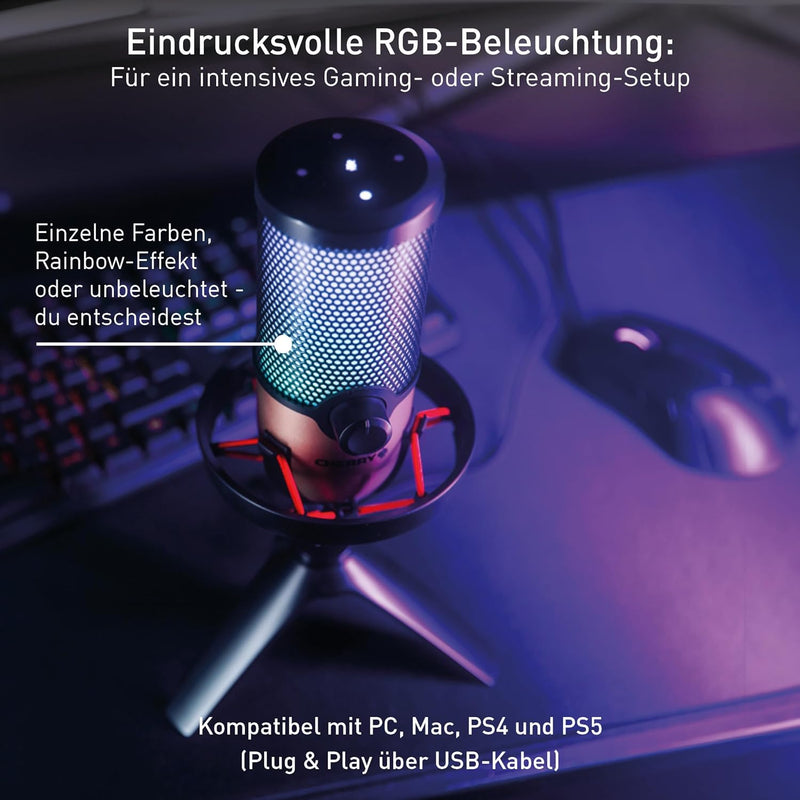 CHERRY UM 9.0 PRO RGB, USB-Mikrofon mit RGB-Beleuchtung, für Gaming, Streaming, ASMR, 4 Richtcharakt