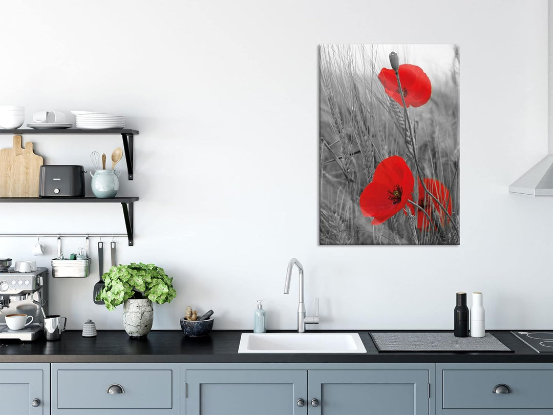 Pixxprint Glasbild | Wandbild aus Echtglas | einzelne Mohnblumen im Getreidefeld | 60x80 cm | inkl.