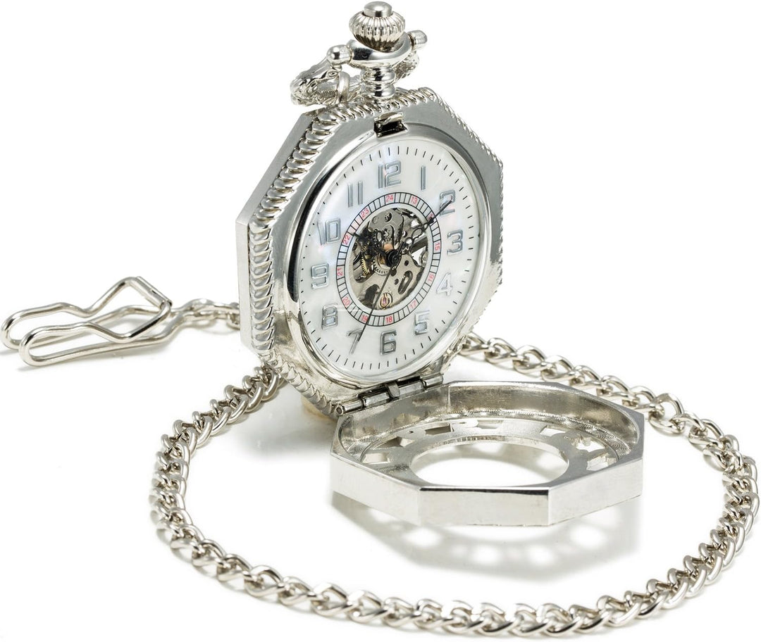 SEWOR Octagon Old School Stil Hohl arabischen Zahlen Mechanische Handaufzugwerk Taschenuhr Silber, S