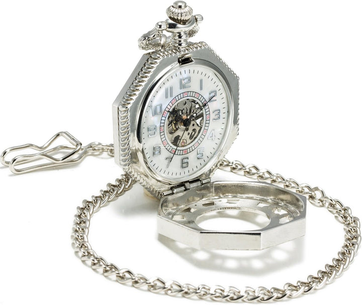 SEWOR Octagon Old School Stil Hohl arabischen Zahlen Mechanische Handaufzugwerk Taschenuhr Silber, S