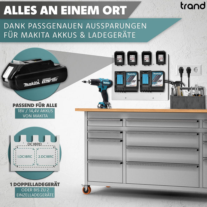 trand Wandhalterung für Makita Akkus und Ladegeräte | stabiler 4er Akkuhalter und Ladegeräthalter |