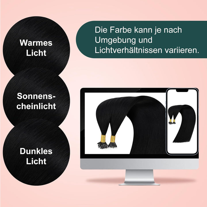 Easyouth Nano Tips Cold Fusion Extension Farbe Pechschwarz 16 Zoll 50 Stück 50g Nano Ring Natürliche