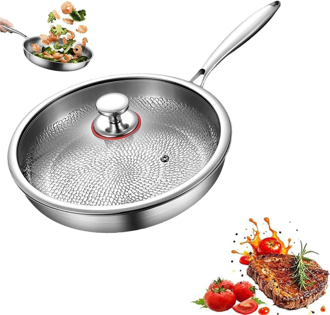 Titan Bratpfanne, Titanium Pfanne Unbeschichtet, Titanium Hammered Pan Pro mit Deckel, Antihaft Tita