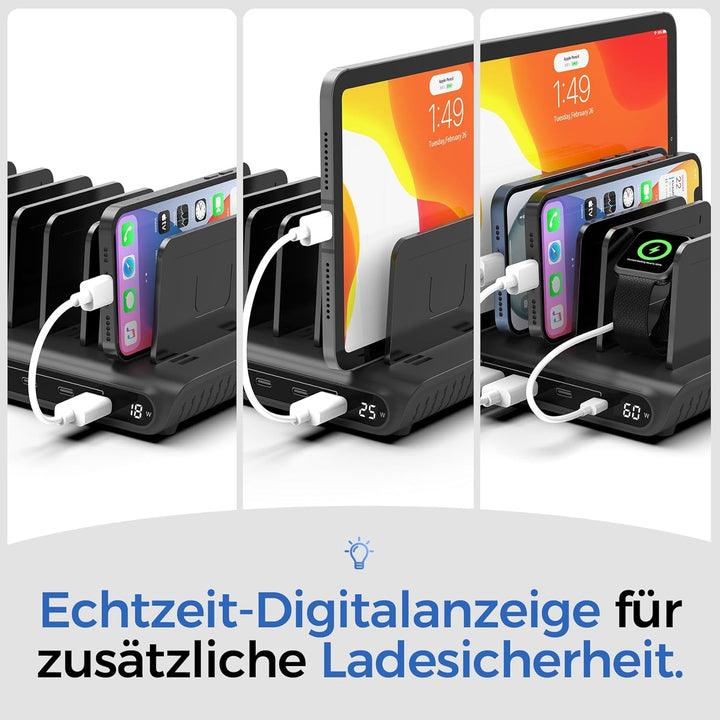 Alxum 60W 10 Port USB Ladestation für mehrere Geräte, LED Echtzeit-Digitalanzeige mit 8×USB-C & 2×US