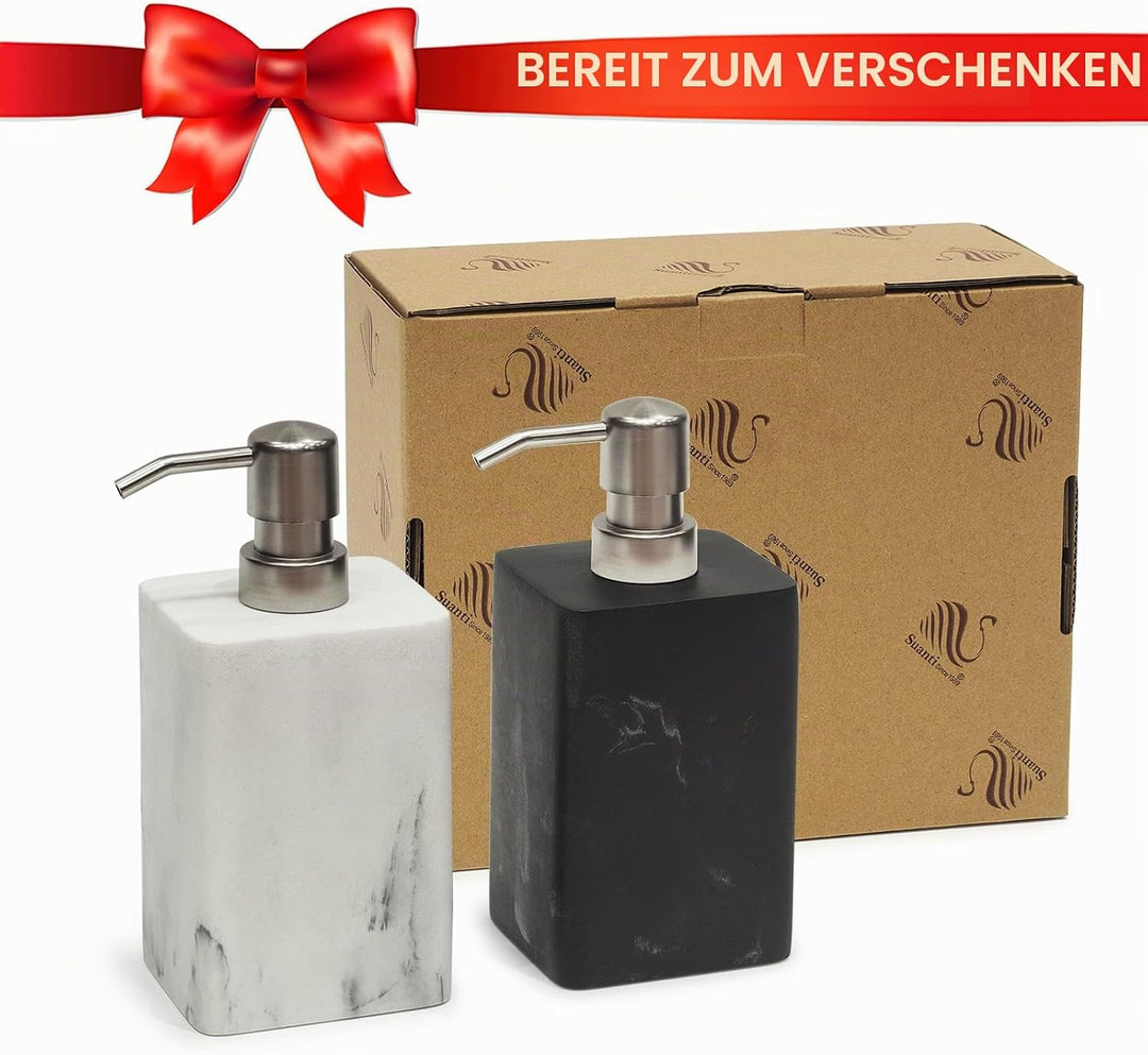 Suanti Badezimmer-Seifenspender-Set, weiss und schwarz, Marmor-Stil, mit rostfreier Silberpumpe, dek