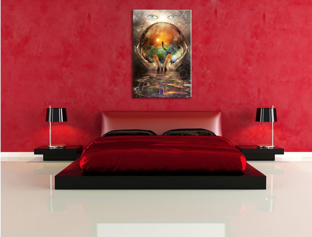 Pixxprint Glaskugel in der Hand mit abstrakten Hintergrund, Format: 100x70 auf Leinwand, 100x70