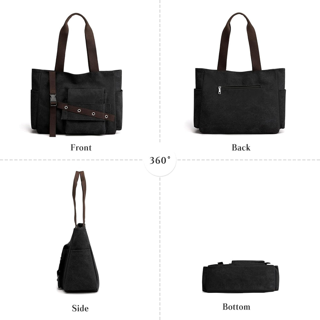 PORRASSO Damen Handtasche Canvas Schultertasche Gross Hobo Shopper Henkeltasche für Einkaufen Schule