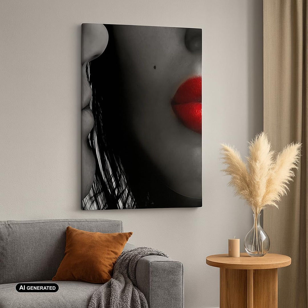 Bilder auf Leinwand 55x100cm Leinwandbild mit Rahmen Rote Lippen dunkles Haar Modell Liebe Gross Wan