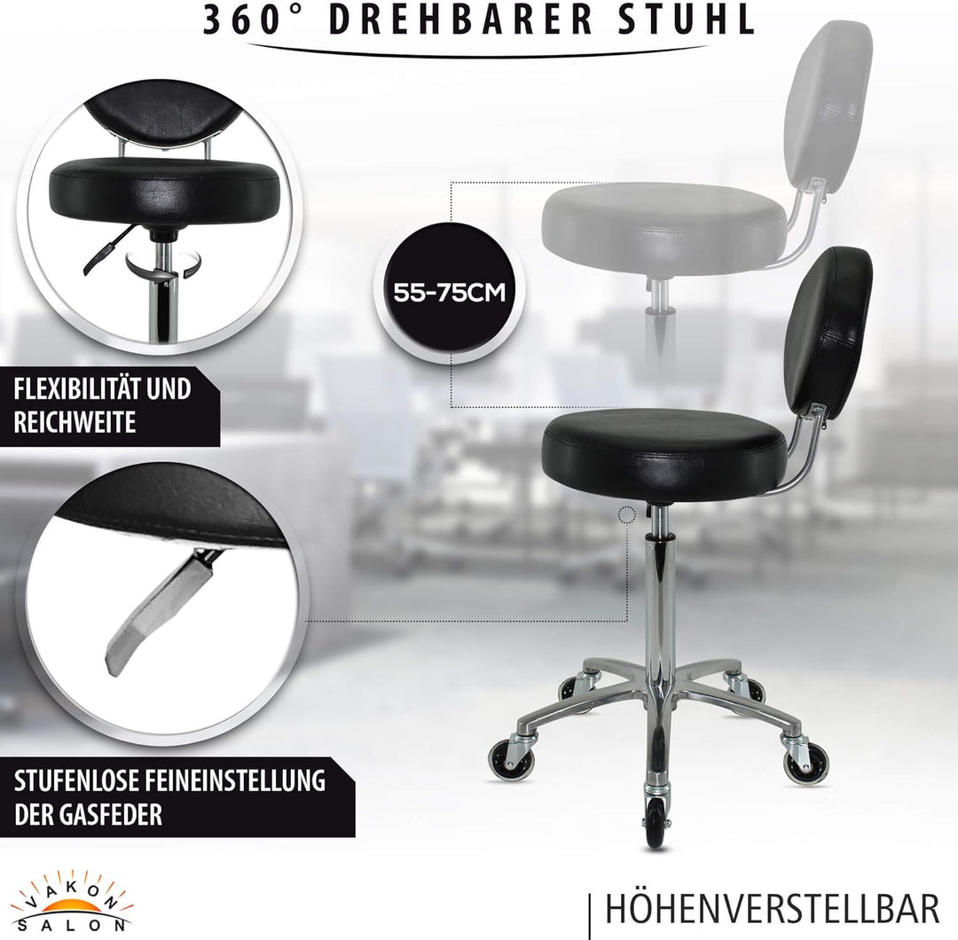 Premium Rollhocker mit ovaler Lehne höhenverstellbar von 55 bis 75 cm - Rundsitz- Drehhocker Arbeits