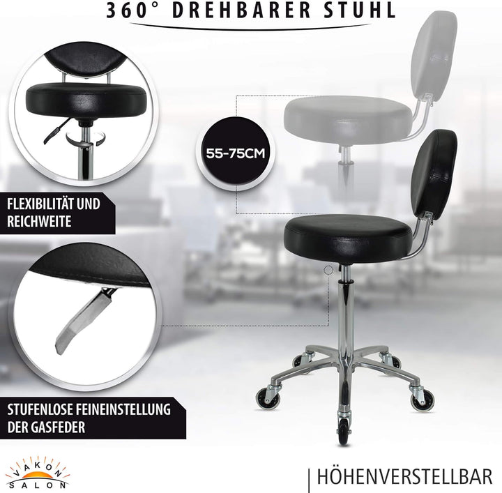 Premium Rollhocker mit ovaler Lehne höhenverstellbar von 55 bis 75 cm - Rundsitz- Drehhocker Arbeits