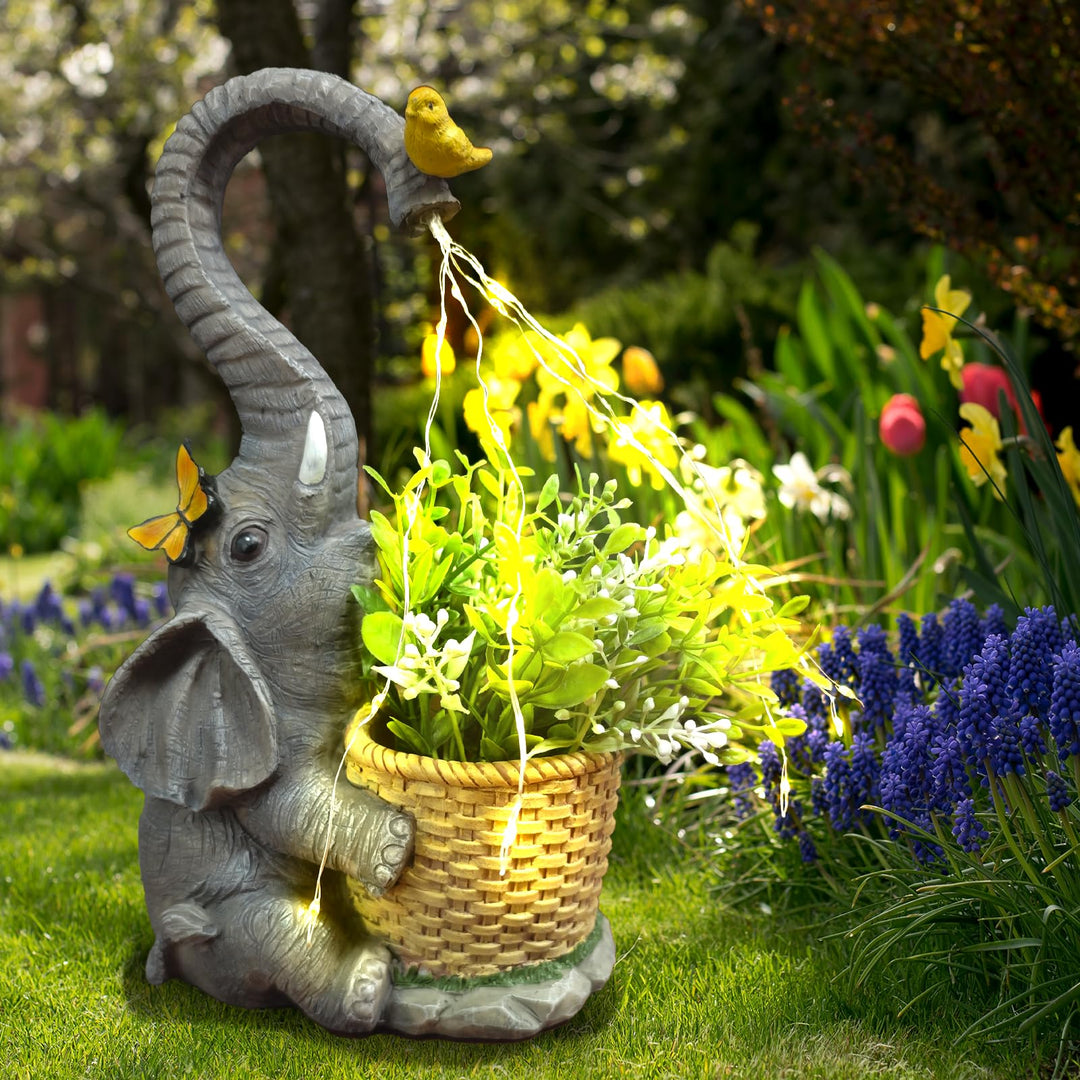 Garten Outdoor Elefanten Statue Deko - Elefant mit Gefälschter Pflanze Gartenfiguren Solar Lichter B