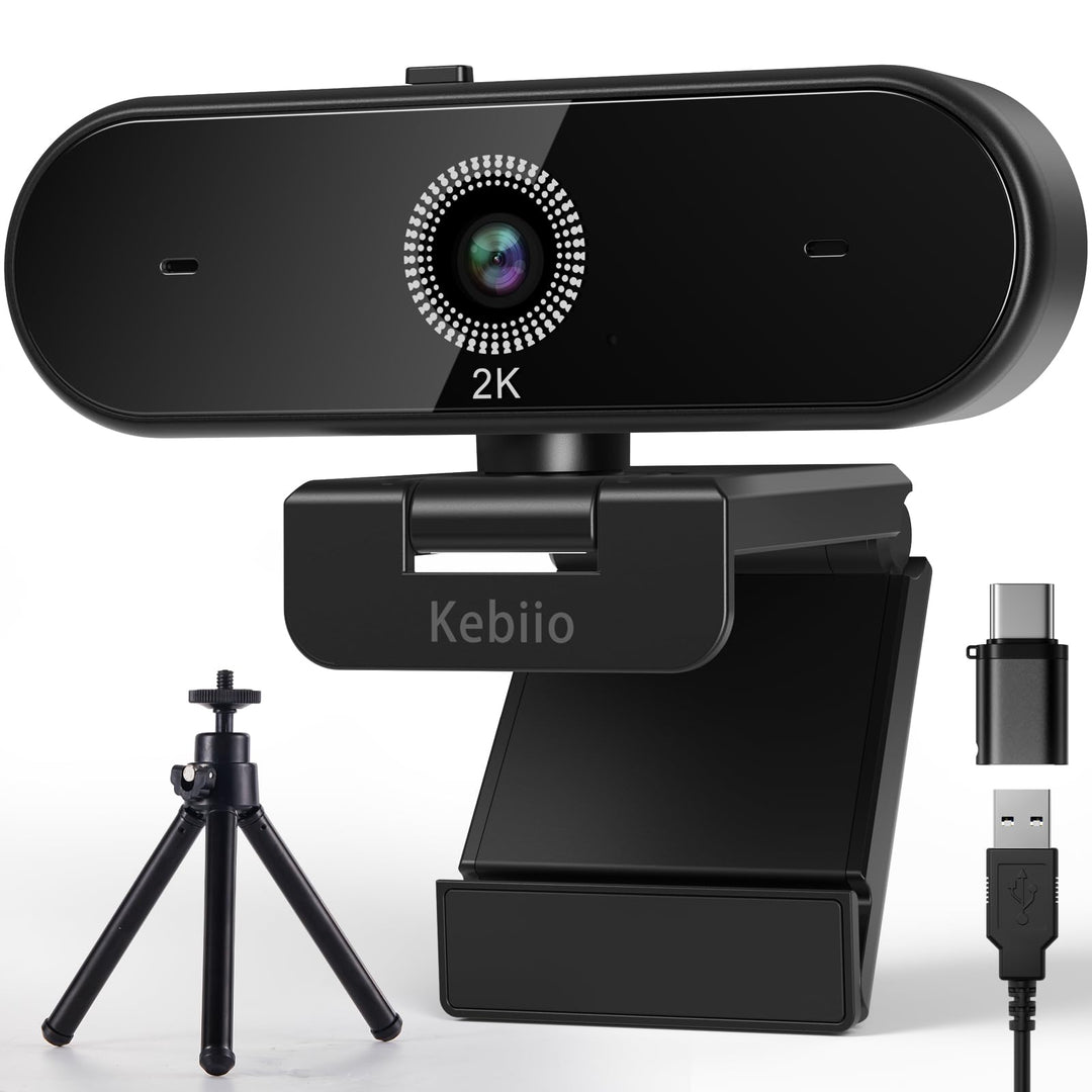 Webcam 2K, USB A/C Webcam mit Mikrofon für PC, Streaming Kamera mit Autofokus, 90°Ansicht, Plug & Pl
