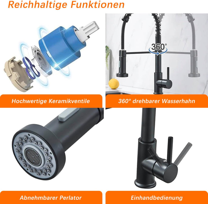 Schwarz Wasserhahn Küchenarmatur Hochdruck mit Herunterziehen Brause Mischbatterie Küche mit 2 Strah