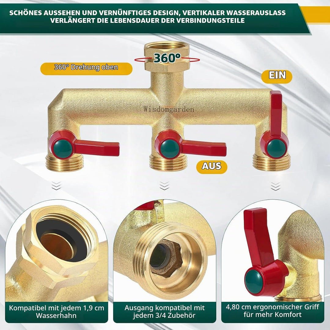 Wisdomgarden Wasserverteiler 3fach, Schwere Ausführung aus Messing gartenschlauch verteiler,3 wege v