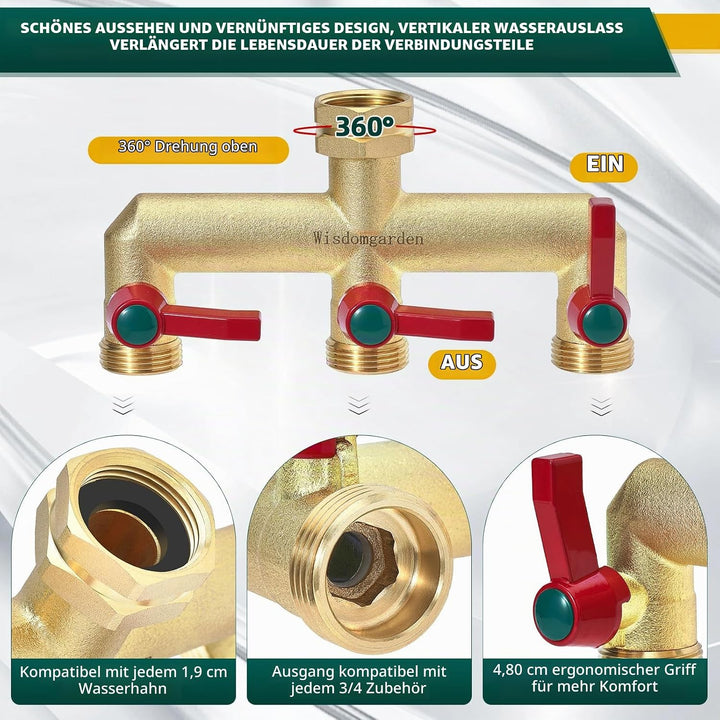 Wisdomgarden Wasserverteiler 3fach, Schwere Ausführung aus Messing gartenschlauch verteiler,3 wege v