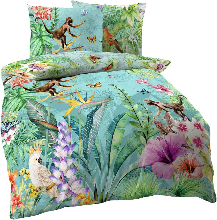 Kaeppel Mako Satin Digitaldruck Bettwäsche 2 TLG. Äffchen Dschungel Kakadu Schmetterling Bunt Urwald