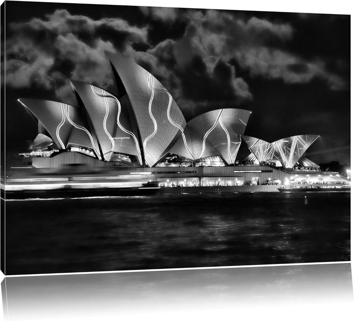 Pixxprint Monocrome, Sydney Opera House grüne Beleuchtung, Format: 100x70 auf Leinwand, 100x70