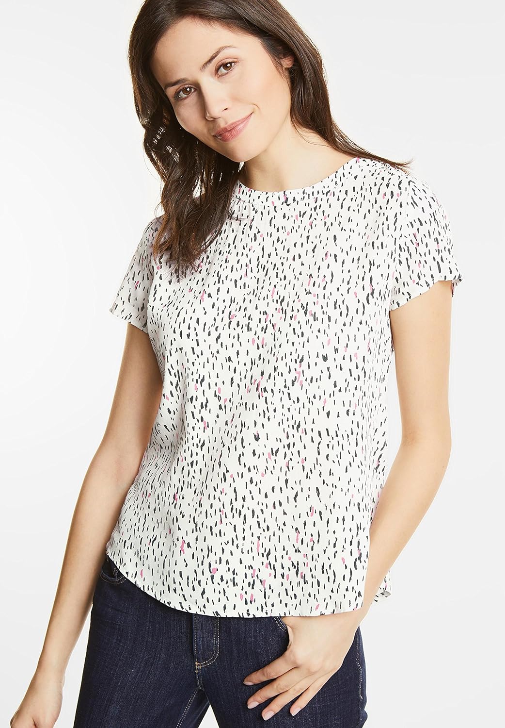 Street One Damen Bluse Farbe: Weiss/Schwarz/Rosa Gr. 38 Muster: gesprenkelt Kurzarm Sommerbluse mit