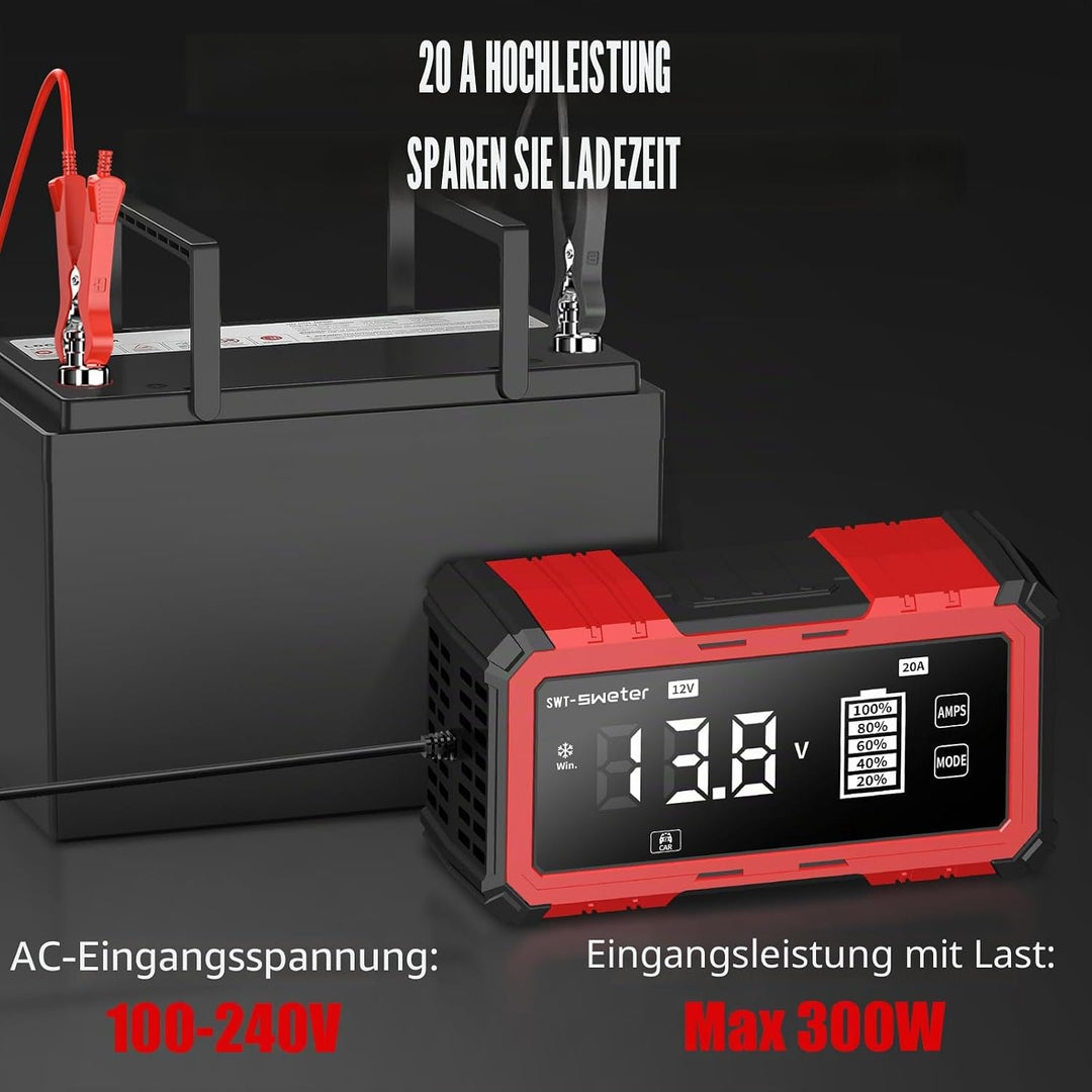 20A Car Battery Charger, 12V/24V Lifepo4 Lead Acid Battery Charger, Upgraded Automobile Smart Trickl