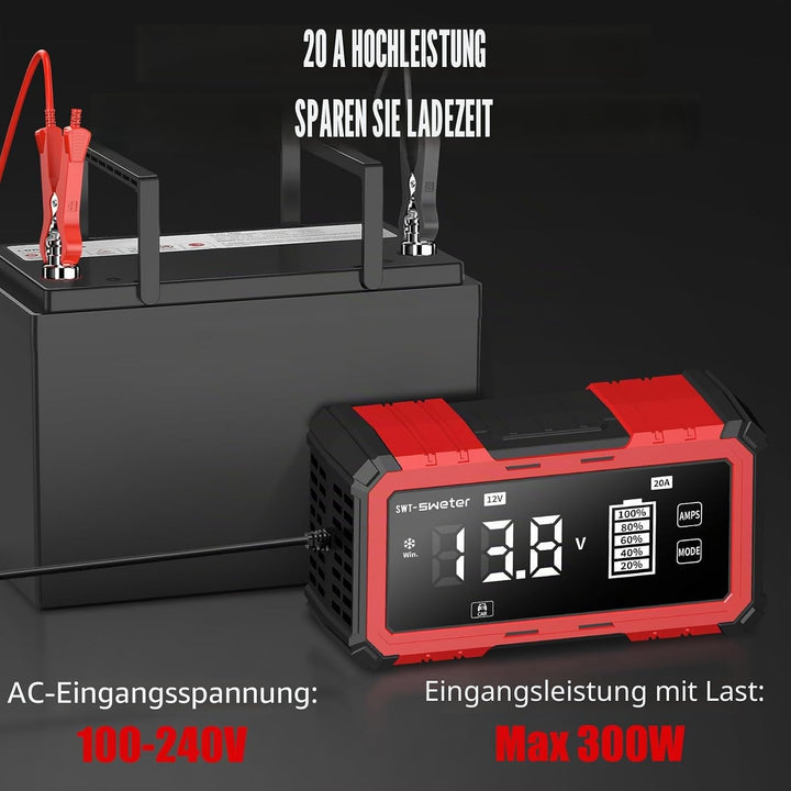 20A Car Battery Charger, 12V/24V Lifepo4 Lead Acid Battery Charger, Upgraded Automobile Smart Trickl