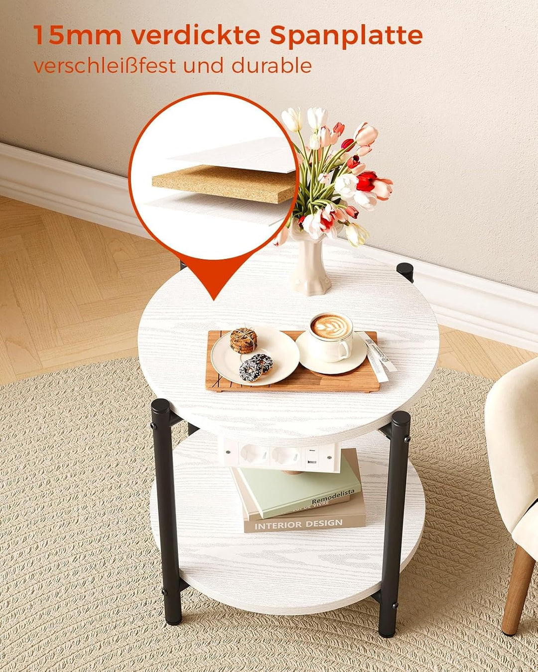 IRONCK Beistelltisch rund, Couchtisch mit Steckdose, Kleiner Tisch Holz, Wohnzimmertisch 2 Ablagen,S
