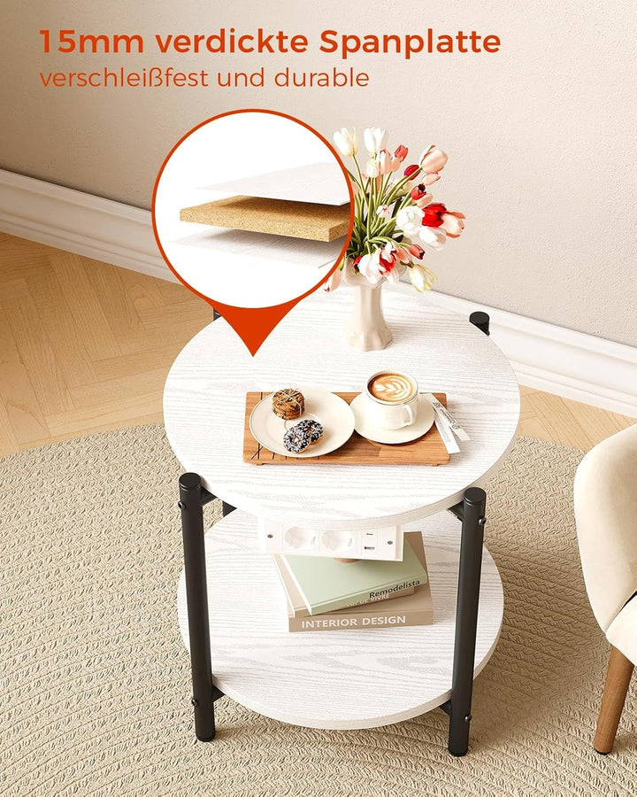 IRONCK Beistelltisch rund, Couchtisch mit Steckdose, Kleiner Tisch Holz, Wohnzimmertisch 2 Ablagen,S