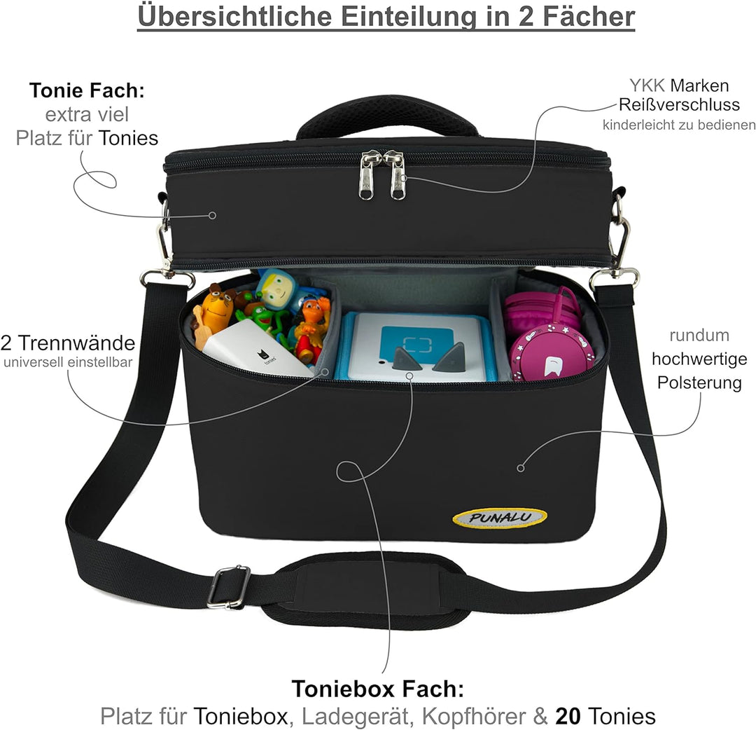PUNALU grosse Tasche für Toniebox, Platz für 68 Tonie Hörfiguren, Toniebox Tasche (schwarz), Schwarz