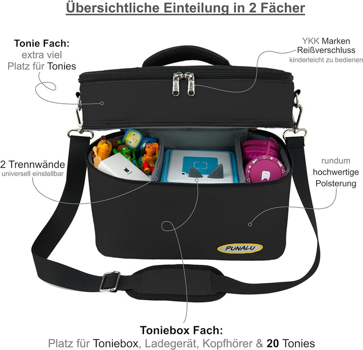 PUNALU grosse Tasche für Toniebox, Platz für 68 Tonie Hörfiguren, Toniebox Tasche (schwarz), Schwarz